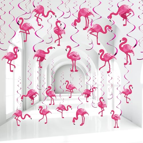 Image of Faccito 52 Pcs Flamingo Party Hanging Swirl Decorations Hawaii Luau Pink Flamingo Ceiling Streamers Summer Hawaiian Foil Hanging Swirls Decor for Aloha Beach Luau Birthday Party Supplies