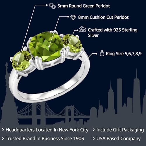 Gem Stone King 3.45 Cttw Green Peridot 3 Stone Engagement Ring For Women | 925 Sterling Silver | Gemstone August Birthstone | Cushion 8MM | Available in Size 5,6,7,8,92