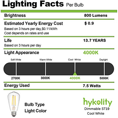 image for hykolity Dimmable Vintage LED Edison Bulbs, 7.5W, Equivalent 60W, 800l