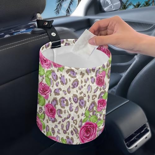Image of Leopard Purple Rose Mini Trash Bin Waterproof Multipurpose Car Organizer for Women Interior
