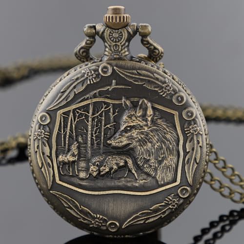 Image of Tiong Vintage Pocket Watch Engraved Cowboy Skull Wolf 3D Pattern Arabic Numerals Quartz Pocket Watch with Chain Best Gifts