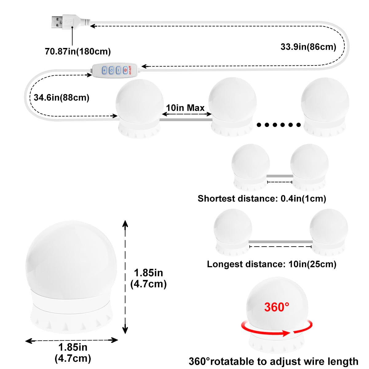 Bombillas para Espejo de Tocador 10 Bombillas de Maquillaje Regulables 3000K/4000K/9000K Temperatura de Color Ajustable Palo Alimentado por USB Encendido
