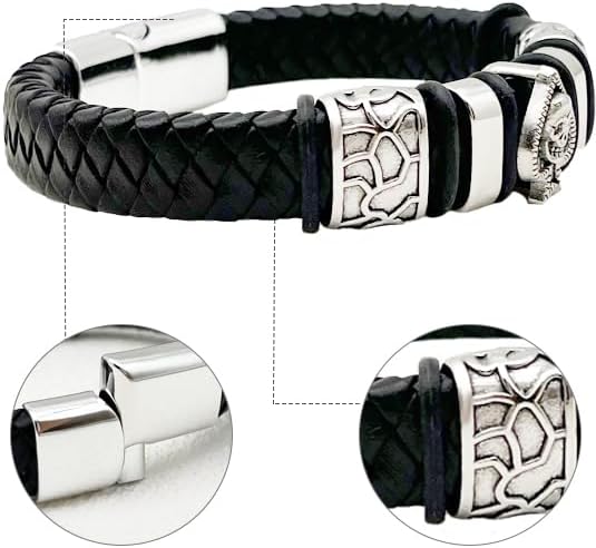Leather Bracelets for Men 5pcs, Fashion Men's Bracelet Leather and Steel Braided Wrap Cuff Wirstband Bracelets with Closure Bangle Gift for men - Image 3