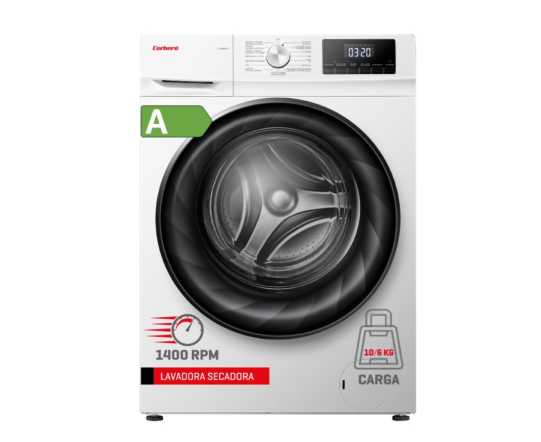 Corberó - Lavadora Secadora Carga Frontal | CLSH106VIN | 10 Kg | Lavado, 6 Kg Secado | 1400 RPM | 15 Programas | Inverter | Lavadora Jet | Vapor | Inicio Diferido | ECOlogic | Puerta XXL | Blanco Etiqueta Energética