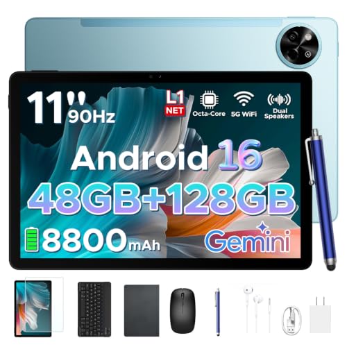 Image of P11 Android 16 Tablet, 11 Inch Tablet with Gemini AI, 48GB RAM+128GB ROM /2 TF, 120Hz, T7250 Octa-Core, 8800mAh /18W, 13MP+5MP, Widevine L1, Face ID, GPS, FM, OTG, Tablet with Keyboard Pen