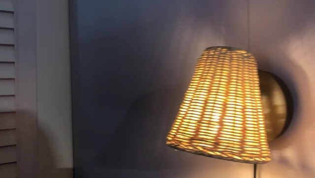 Image of Boho Plug in Wall Sconces with On /Off Switch Cord for Bedroom, Black Rattan Wicker Wall Lamp with Plug in Cord Rotatable Japanese Waven Reading Light Wall Mounted Fixtures for Loft, Living Room
