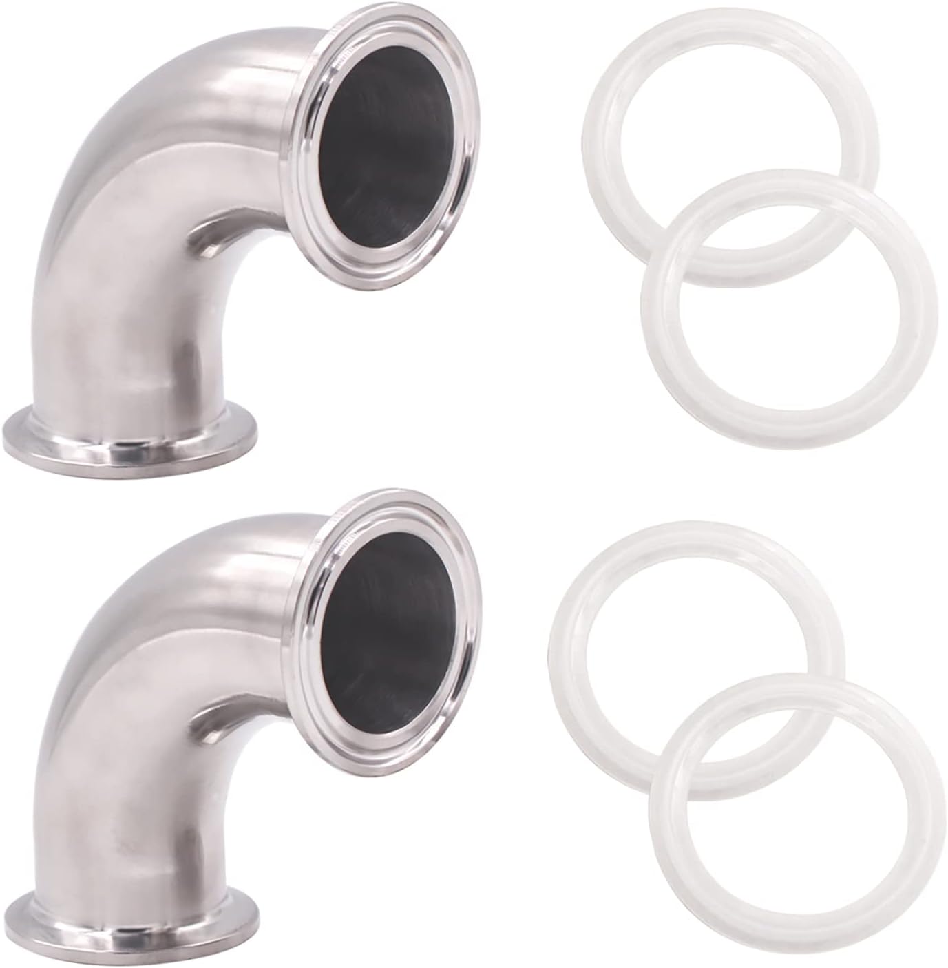 DERNORD 2 Pack 1.5" Tube OD Sanitary Ferrule Elbow 90 Degree Pipe Fitting with 4 Silicone Gaskets SUS304 Tri Clamp 1.5 Inch