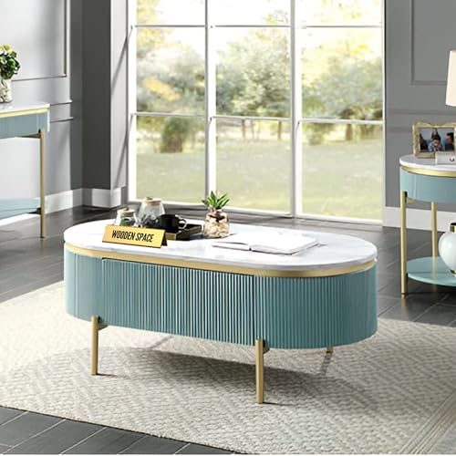 Image of WOODEN SPACE Premium Marble-Top Center Table with Iron Legs | PVD Coated Modern Coffee Table for Living Room & Entryway | 42x24x18 Inches (Sky Blue)
