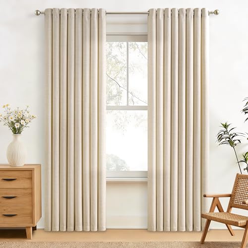 Image of 84 Inch Length Semi Sheer Beige Linen Curtains 2 Panels Set 52x84 | Light Filtering, Grommet Drapes, Thick Linen, Privacy, Non-See-Through Curtain, Boho, Living Room, Bedroom, Sand, Oatmeal