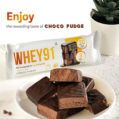 Image of WHEY91 Choco Fudge Protein Bar | 20G Protein & 3G Fibre Per Bar | Whey Protein | Immunity Booster Lactoferrin | No Added Preservatives |No Added Sugar |(Pack Of 6 Bars) 360 Gm