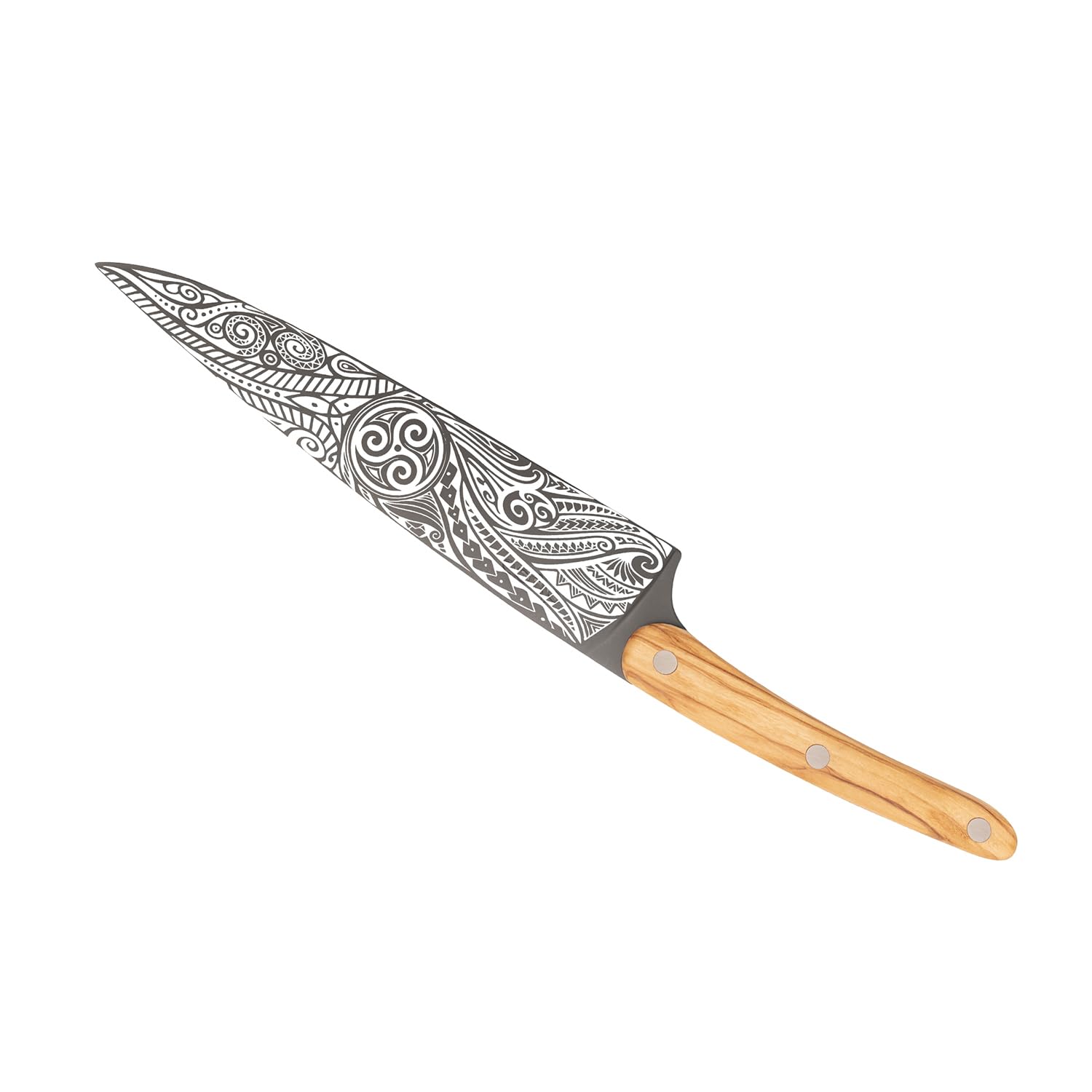 deejo - Couteau de Chef Pleine Soie - Manche en Bois d’Olivier Riveté, Motif Triskell - Lame en Acier Inoxydable X50CRMOV15, Finition Titane Gris Anthracite