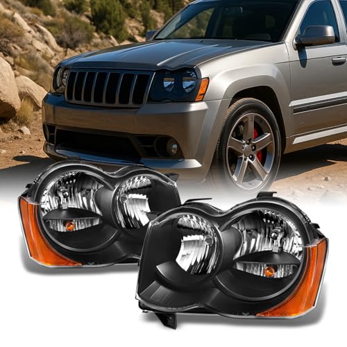 AKKON - For Jeep Grand Cherokee Halogen Type Black Headlights Driver and Passenger Side Replacement Set
