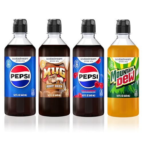Image of Sodastream Pepsi, Mug Root Beer, Pepsi Wild Cherry & MTN Dew New Pour Bottle, Variety Pack 440ml (Pack of 4)