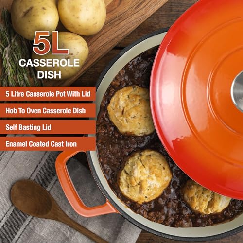 ANDREW JAMES Cast Iron 5L Round Casserole Dish with Lid – Enamel Coated Dutch Oven for Bread Baking, Stews, Roasting & Braising – Oven Proof Cast Iron Pan, No Seasoning Required (Orange) - Image 3