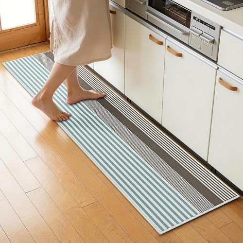 MatMaven キッチンマット 洗える おしゃれ 滑り止め 撥水加工 ロング 台所マット 北欧デザイン 疲労軽減 クッション性 速乾 足元マット (43x180cm, ブルーブラウン)