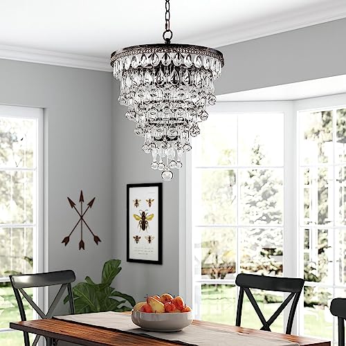 Papaya Farmhouse Raindrop Crystal Chandelier 4-Light Vintage Ceiling Light Fixture Gold On Bronze Hanging Pendant Lighting #TOP3