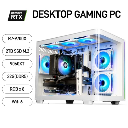 Image of LXZ Gaming PC Desktop - Ryzen 7 9700X, Radeon RX 9060 XT 16GB, 32GB DDR5 RAM, 2TB NVMe 4.0 SSD, 850W PSU - Ready for 1440p & 4K 8K Gaming, VR, and Streaming Tower Computer (White)