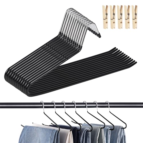 Set de 12 Perchas para Pantalones, Antideslizante Perchero Ahorradoras de Espacio con 5 Clips, Estante para Pantalones Multifuncionales para Pantalone, Jeans, Ropa, Toallas (Negro)