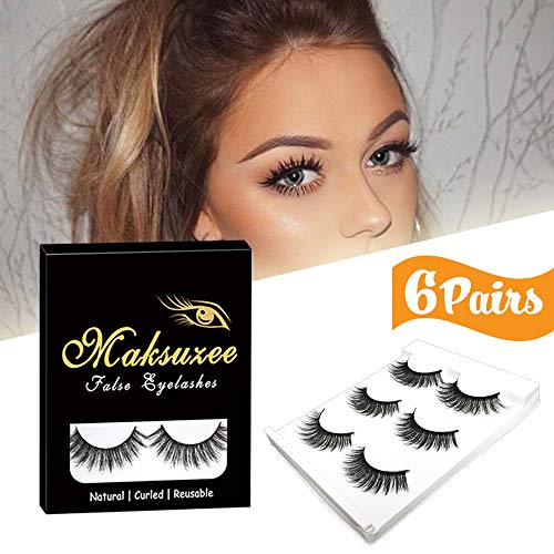 3D False Eyelashes, Maksuzee Long Lashes Extensions with Natural Thick Look Women's Make Up Handmade Soft Fake Eye lash 6 Pairs