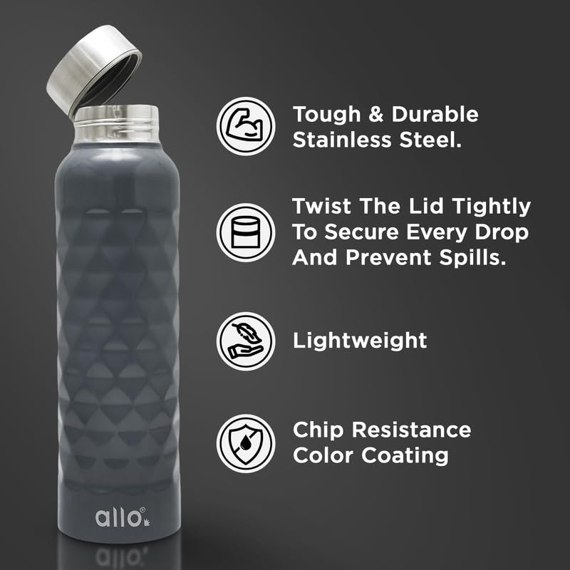 Image of Allo Stainless Steel Water Bottle For Adults, Kids 1 Litre Water Bottles For School, Office, Sports, Gym 1L Water Bottle For Men And Women, Pack Of 2| Leak Proof, Bpa Free, Black & Dark Grey Diamond