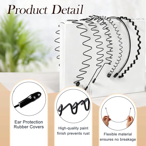 Metal Headbands for Men and Women, Wavy Adjustable Wire Hair Bands, Unisex Non-Slip Elastic Headband for Workout, Face Washing, Curly Hair & Daily Use. (6 Pack)