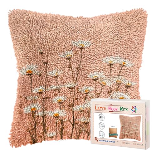 DIY Latch Hook Pillow Kits for Adults Little Wild Daisy Flowers Printed Pillowcase Crochet Yarns Hooking Handmade Pillow Cover Cushion for Home Sofa Decoration 17x17inch-3
