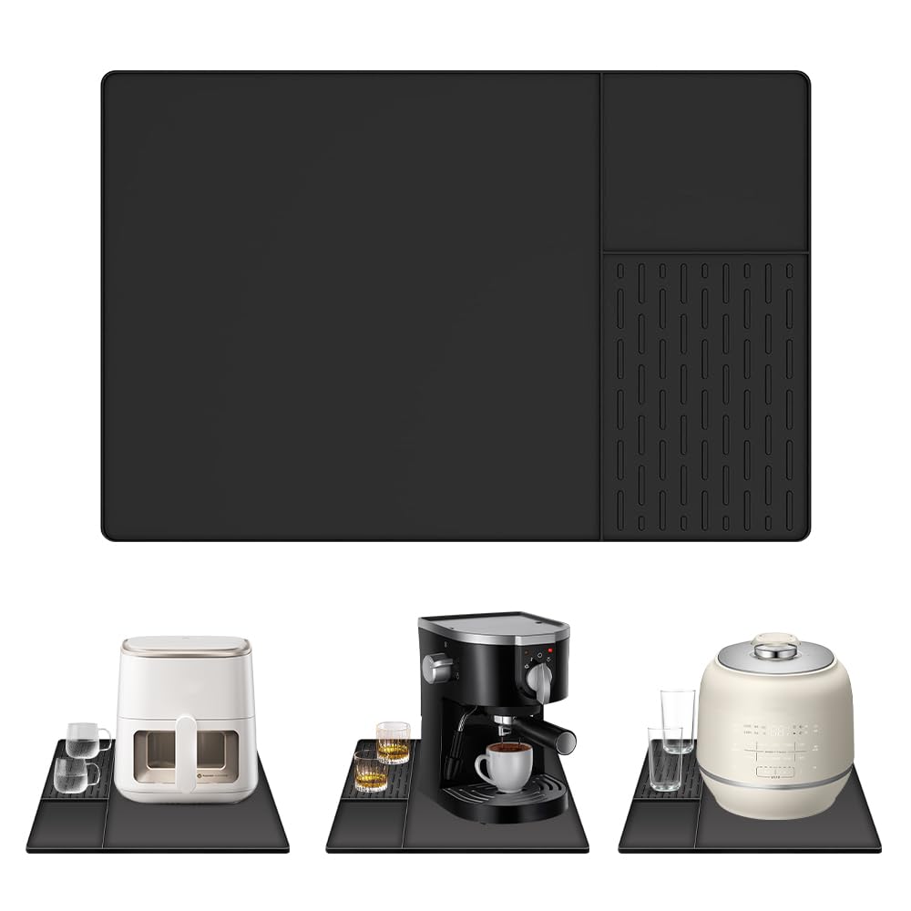 YANGUN 60 x 40 cm Large Silicone Mat Under Coffee Machines, Multi-Functional Base Mat with Raised Edges for Coffee Machine Dish Rack Marble Worktop, Coffee Bar, Black