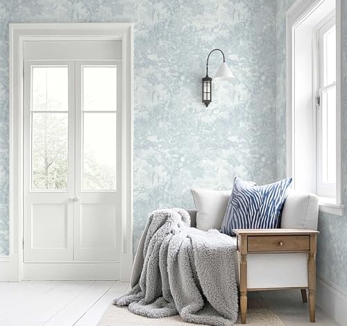 Image of Peel and Stick Wallpaper, Blue Toile Pattern, Removable Wall Covering, Pastoral Landscape Design