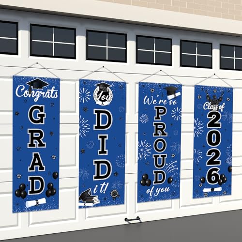 Image of Panelee 4 Pcs Black Blue Graduation Party Decorations 2026 Congrats Grad Porch Banners Class of 2026 Hanging Banner Backdrop for Classroom School Doorway Indoor Outdoor Wall Hanging Decor