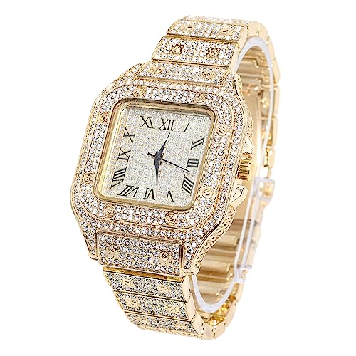HALUKAKAH Esfera Cuadrada Diamante Reloj de Oro Iced out,Hombre Chapado en Oro Real de 18k Cuarzo Pulsera 24cm,con Caja de Regalo