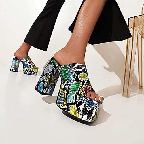 Hayvchoii Womens Chunky High Platform Heel Mules Square Peep Toe Slide Casual Sandals Modern Walking Clog Shoes Size 6 Snake Print #TOP5