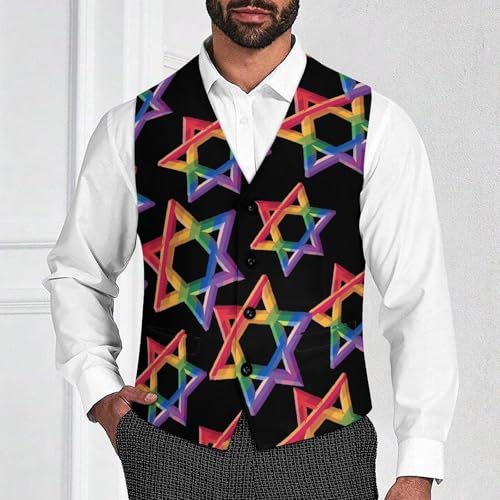 Israel LGBTQ Rainbow Flag Gay Men's Suit Vests Business Formal Dress V-Neck Waistcoat Tops with 2 Pockets2