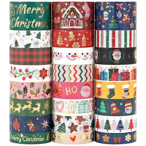 Ieebee 24 Rolls Christmas Washi Tape Set - Gold Foil Decorative Tape for Scrapbooking Supplies, Junk Journal Supplies, DIY Christmas Crafts, Christmas Accessories