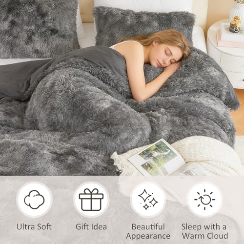 Image of EMME Luxury Fuzzy Duvet Cover Set Twin Size Fluffy Comforter Cover Set for Twin Bed 2 Pieces Shaggy and Plush Soft Bedding Duvet Covers (Dark Grey, Twin)