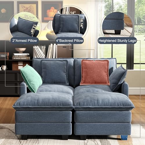 Image of 58 inch Cloud Couch Sectional Modular Sofa, Deep Seat Couches with Ottoman and Removable Washable Pillows for Living Room, Bedroom, Apartment, Blue
