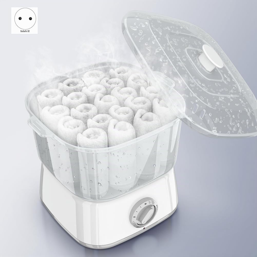 Calentador Toallas Caliente, Vaporizador Toallas Calentamiento Rápido para Tratamientos Faciales Contener 12 Mini Toallas Húmedas, Mini Calentador Toallas Portátil Enchufe Europeo