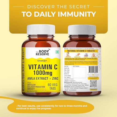 Image of THE BODY RESERVE Natural Vitamin C Tablets From Amla Extracts With Zinc helps Immunity & Skin Whitening Vitamin C Supplements 60 Tablets