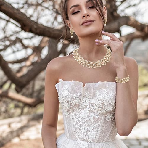 EVER FAITH Austrian Crystal Bridal Cream Simulated Pearl Leaf Luxury Necklace Earrings Bracelet Set2