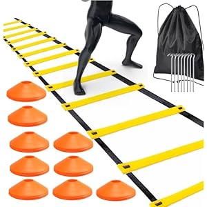 Agility Ladder Set d’entraînement – 6 m d’échelle d’entraînement & 10 chapeaux pour slalom – Accessoires d’entraînement de football & entraînement de football