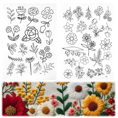 Image of 2 Sheets 39 PCS Water Soluble Embroidery Patterns, Stick and Stitch Embroidery Designs, Stick and Stitch Stencil Hand Stitching for Sewing Enthusiasts and Beginners, Large Flowers and Leaves