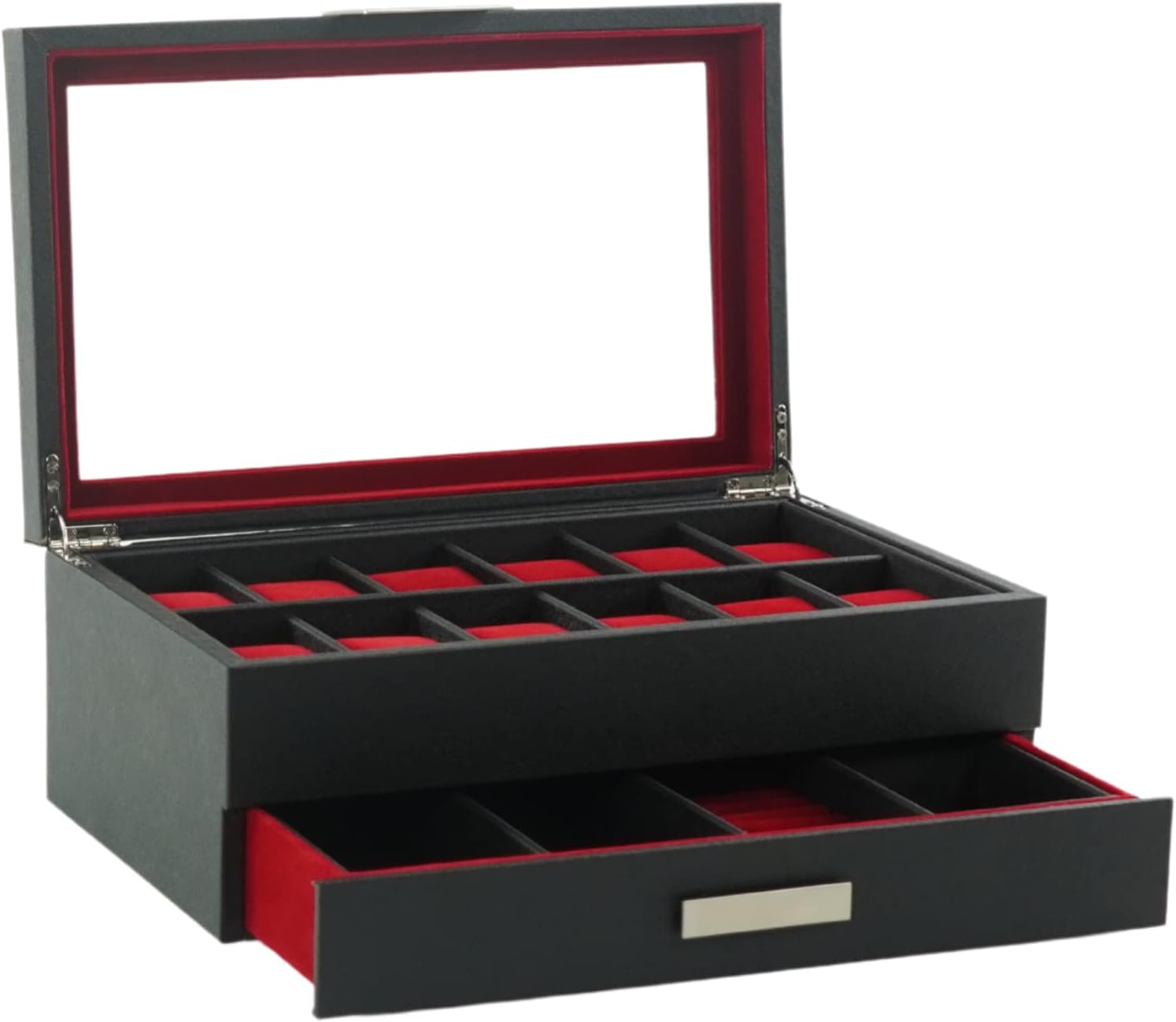 Multi-Purpose Drawer, Sunglasses and 12 Watches Storage Jewelry Box Black and Red Leather Unisex Organizer (My Darling)
