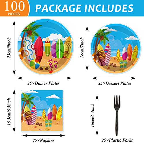 Image of 100 Pcs Summer Beach Surfing Party Paper Plates Napkins Supplies for Pool Surfs up Surfboard Theme Birthday Party Decorations Luau Bbq Picnic favors Disposable Dinnerware Plate Serves 25