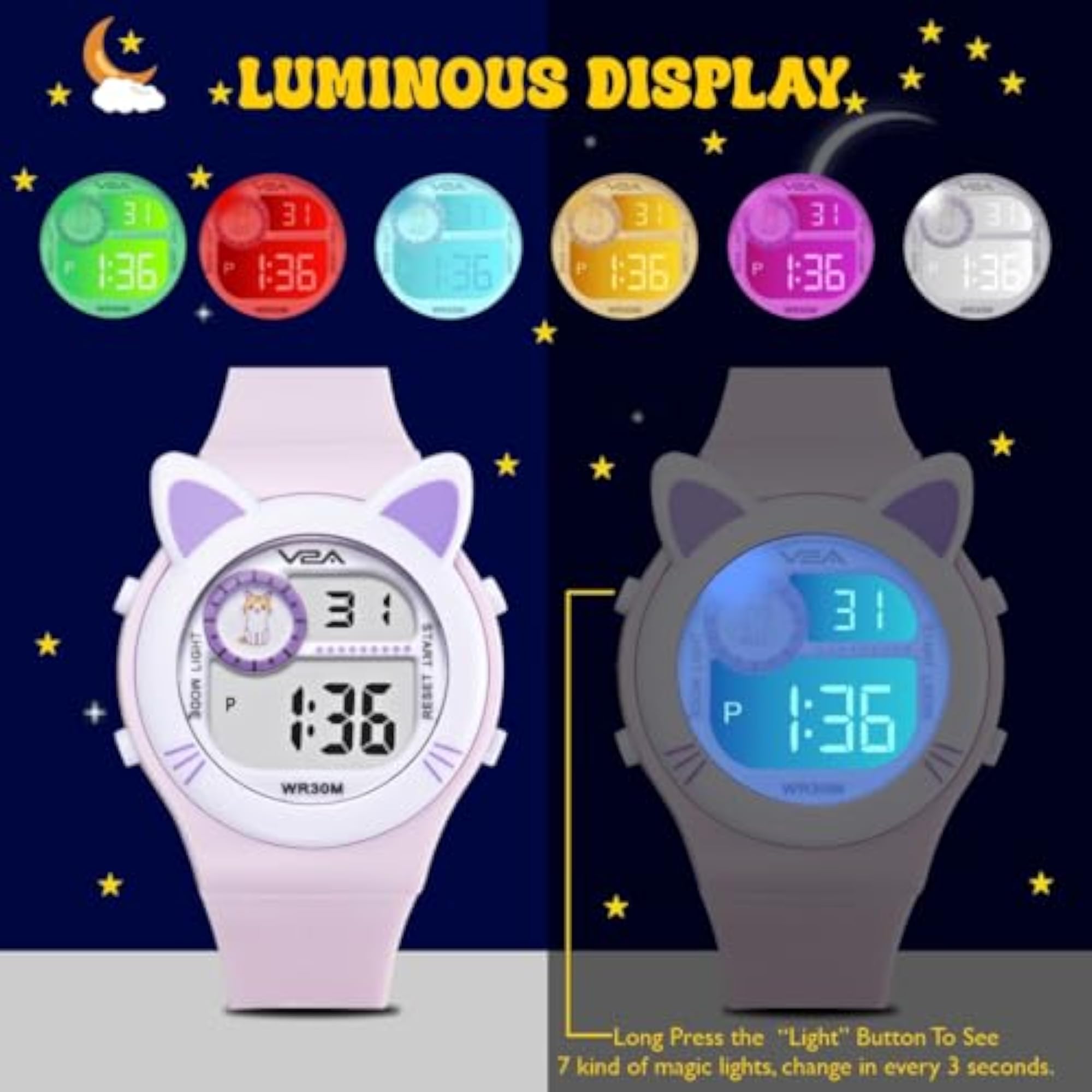 Girls Digital Watch with Cat Ears, 7 Color Backlight