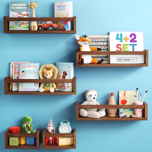 Image of HOMEY PANDA Wall-Mounted Nursery Bookshelves - 4 Long + 2 Mini Shelves, Kids Room Storage (Walnut Pine Wood)