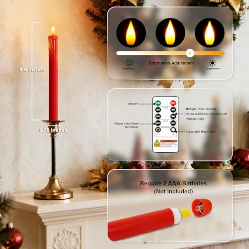 Image of Homemory 6 Pcs Real Wax Made Flameless Taper Candles with Remote and Timer, Red Battery Operated Candlesticks Flickering, 9.6 inch Led Taper Candles with Lifelike Flame for Xmas Home Date Decor