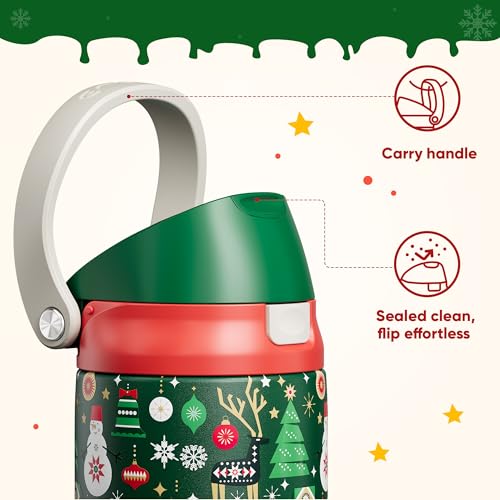 Image of Christmas Insulated Water Bottle with Straw - Leak Proof Stainless Steel Water Bottle for School, Travel, Keeps Cold All Day, One-Touch Flip Lid, Holiday Gifts For Women Men, 24 oz, Frosty Forest