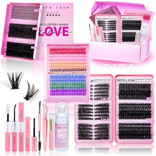 Lash Clusters Kit Bulk 3D Effect Eyelash Clusters Kit Cat Eye Lashes Cluster Eyelash Extensions Pack Colored Lashes Cluster Pestaas Postizas Naturales+Bond&Seal Remover Tweezers Cleanser(Lash Kit-7)