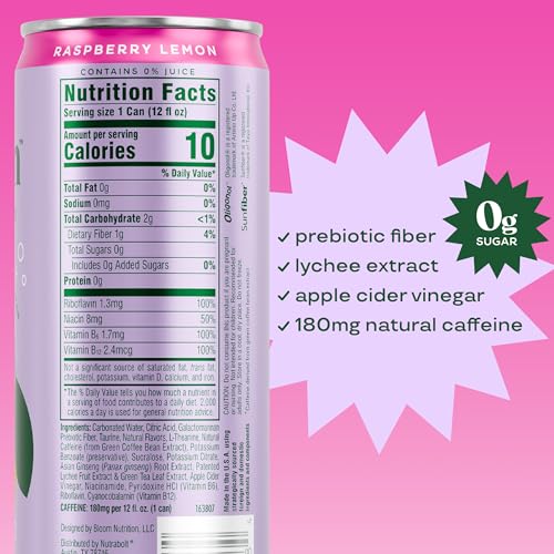 Image of Bloom Nutrition Sparkling Energy Drink for Focus, Natural Caffeine, Zero Sugar, 180mg Caffeine, Antioxidant-Rich with Green Coffee Bean, Green Tea Extract, & Prebiotics, Raspberry Lemon 12oz 24 Pack