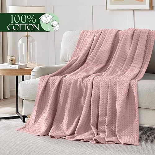 Image of Elegant Comfort Premium 100% Cotton Waffle Blanket - Lightweight Breathable Waffle Weave Bed Blanket - Soft and Warm All Season Blanket for Couch, Sofa and Bed, Full Size 88x88 Inches, Dusty Rose