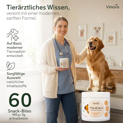 FloraCare+ Probiotika Hund – Darmkur bei Durchfall, Blähungen & Sodbrennen | Darmflora aufbauen & Magen-Darm stärken | Präbiotika + Probiotika für Hunde | Magenschutz & Darmwohl | 60 Stück